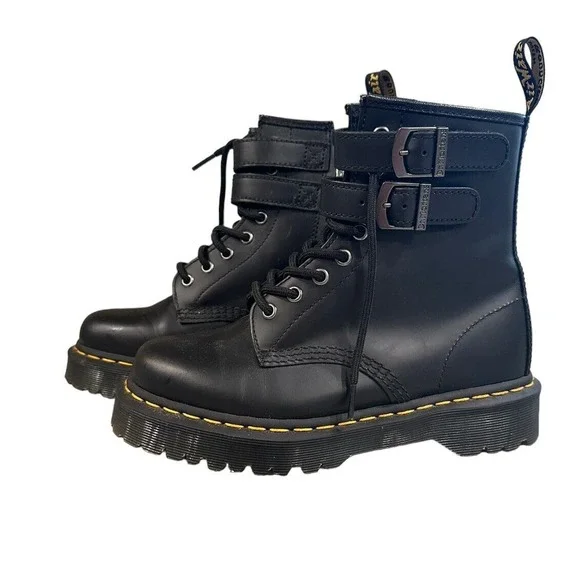 Dr. Martens 1460 ALT Black Leather Lace Up/Zip Buckle Ankle Boots Men 6 Womens 7 - Picture 1 of 7